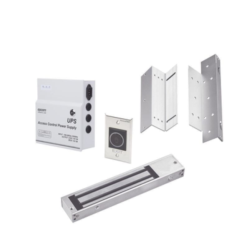 ACCESSPRO KITMAG12V Kit para control de acceso incluye Fuente de 12VCD con respaldo de batería/ Chapa magnética de 600Lbs / Montajes L y Z / Botón de