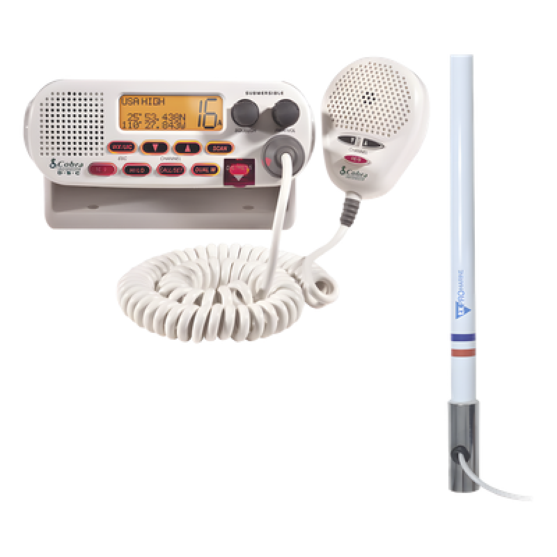Kit de Radio VHF Marino / Antena Fibra de Vidrio 2.4 m (7.9 ft) / 25 W / DSC / Dual-Watch / PL259 / Base Acero Inoxidable