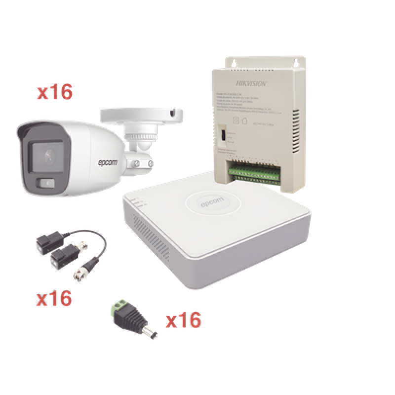 Kit TurboHD 1080p Lite / DVR 16 Canales / 16 Cámaras Bala Exterior ( 2.8mm) con ColorVu + Micrófono Integado / Transceptores / Conectores / Fuente de Poder Profesional