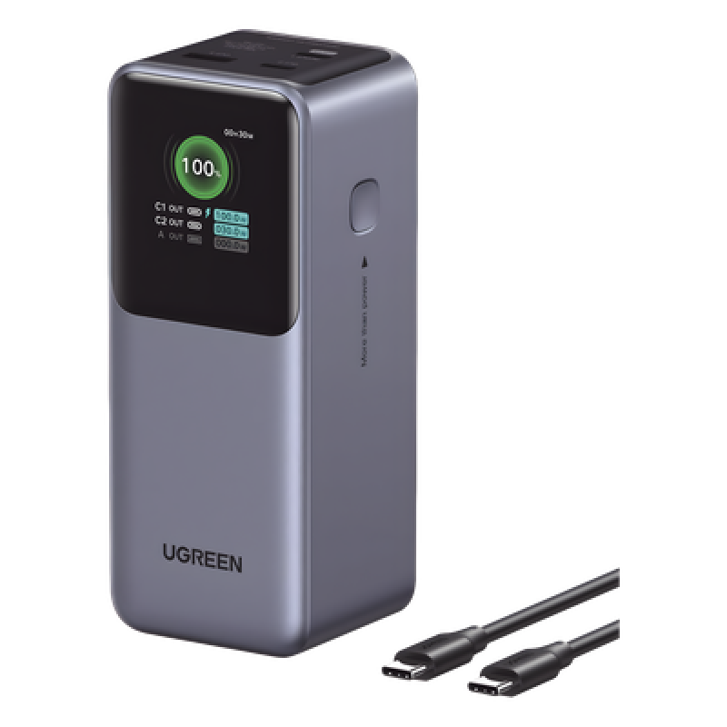 Power Bank de 20000mAh | 3 Salidas 130W Max. | USB-A + 2 USB-C | PD 3.0 | QC3.0 | FCP | SCP | Pantalla Inteligente | Carcasa Ignifuga | Color Gris | Incluye Cable USB de 50cm | Carga tu Laptop de Manera Segura.