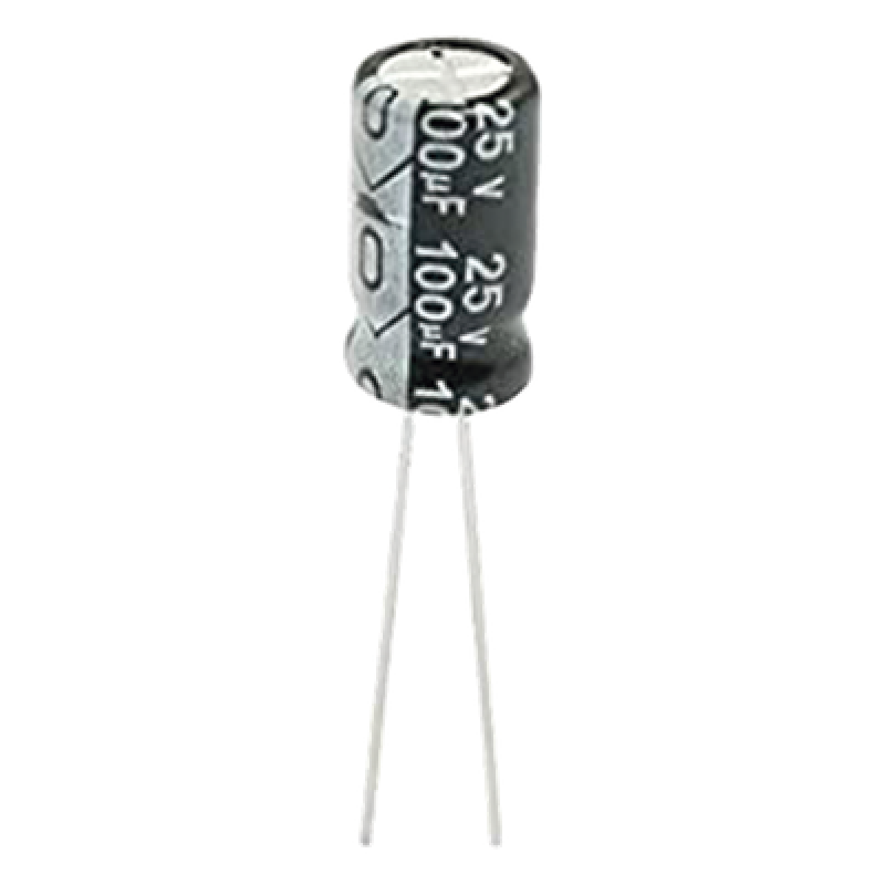 Capacitor Electrolítico Radial / 100 µF / 25 Vcc / 105 °C / 6.3 x 11 mm / Corriente de Rizado 170 mA RMS