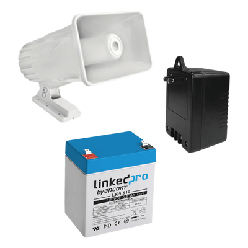 Kit de accesorios para sistema de seguridad / Batería 5.5 Ah / Transformador 16.5 VCA / Sirena 30W / Diseño compacto