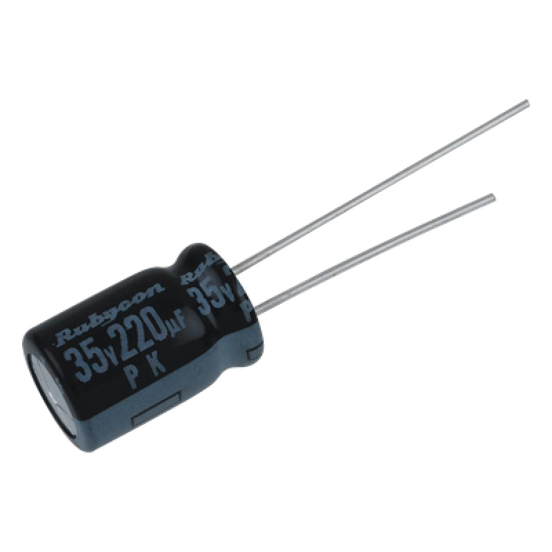 Capacitor Electrolítico Radial / 220 µF / 35 Vcc / 105 °C / 10 x 12.5 mm / Corriente de Rizado 440 mA RMS