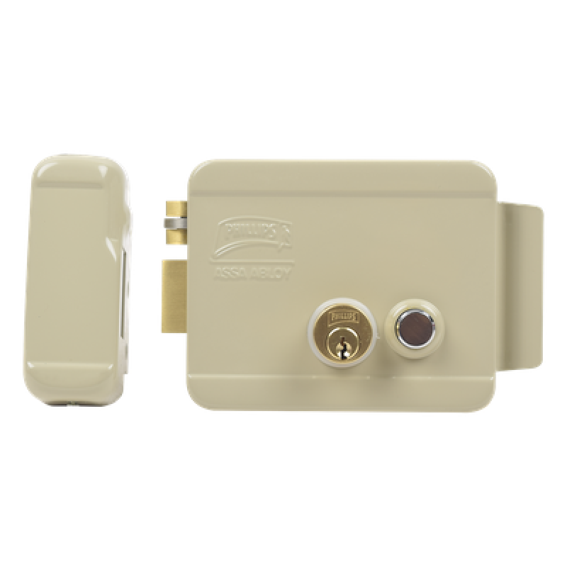Cerradura Eléctrica / Doble Cerrojo / 12 VCC/VCA / Consumo 2 A/4 A / Botón Integrado / Izquierda / Exterior