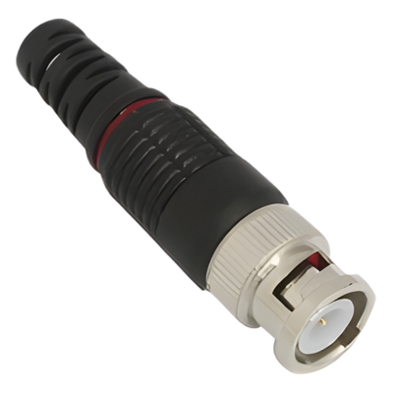 Conector BNC macho en 75 Ohm con Base de Alivio Plástica Negra para Cable Coaxial RG-59/ Níquel/ Oro / Teflón.
