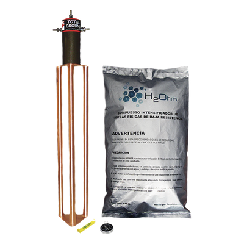 Electrodo de Puesta a Tierra / 45 Amp / Filtro LCR / Resistencia < 2 Ohm / Cobre Electrolítico / Compuesto H2Ohm / 20 Años Sin Mantenimiento