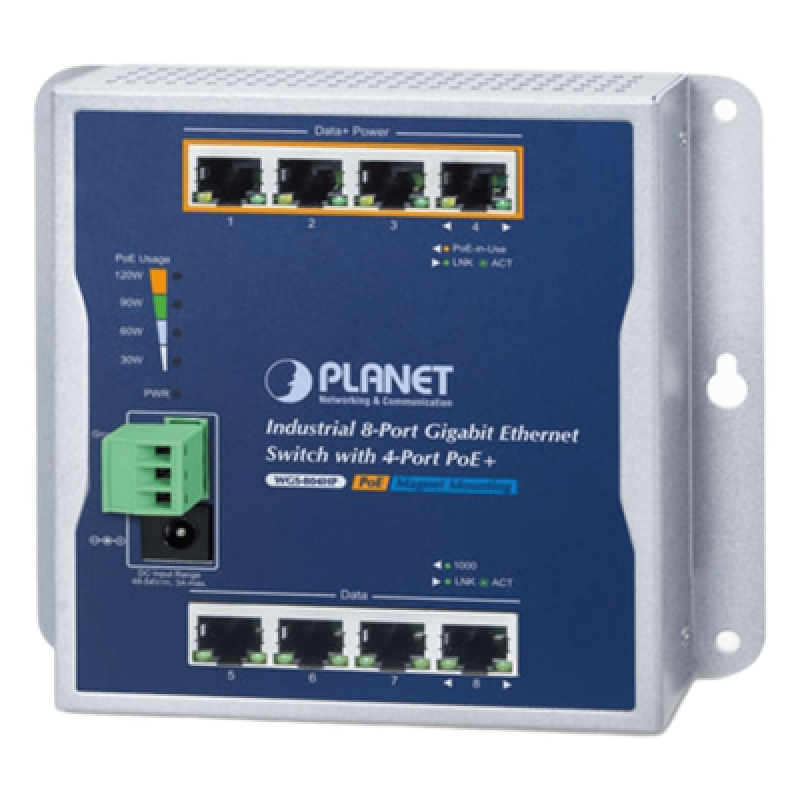 Switch Industrial No Administrable / 8 Puertos Gigabit / 4 Puertos PoE+ 802.3at / 120 W / Montaje Múltiple / Alimentación Dual con Failover