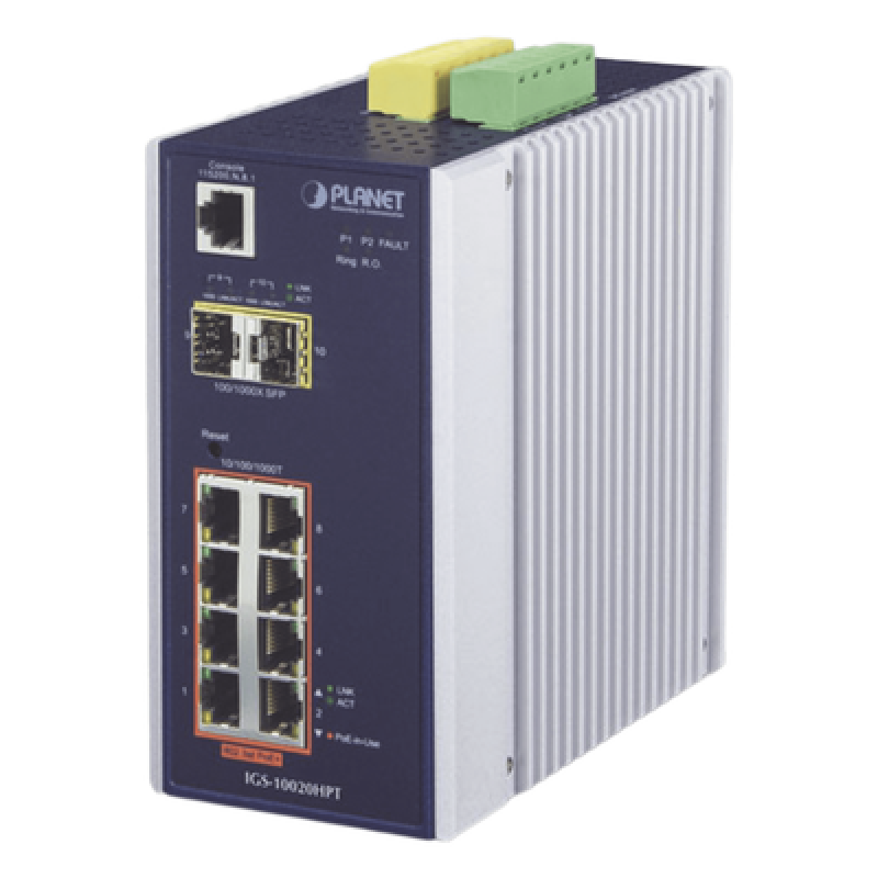 Switch Industrial Administrable Capa 2, 8 puertos PoE Gigabit 802.3af/at, 2 Puertos SFP de 1 / 2.5 Gigabit, Entrada de Voltaje Secundaria para Fuente Redundante