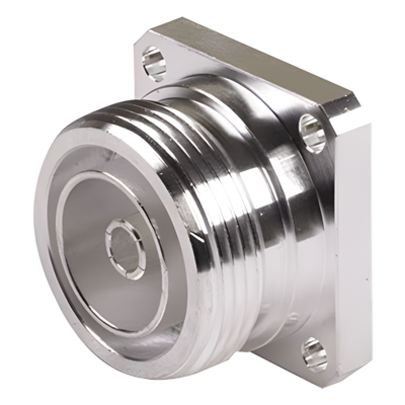 Conector DIN 7-16 Hembra, Tipo Flange de 4 Hoyos para Panel y Copa Soldable.