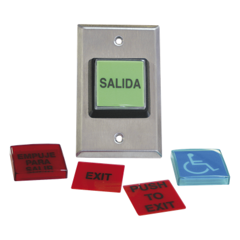 Botón de Salida / Placas Intercambiables Español/Inglés / LED 12 VCC / NO/NC / Acero Inoxidable / ADA