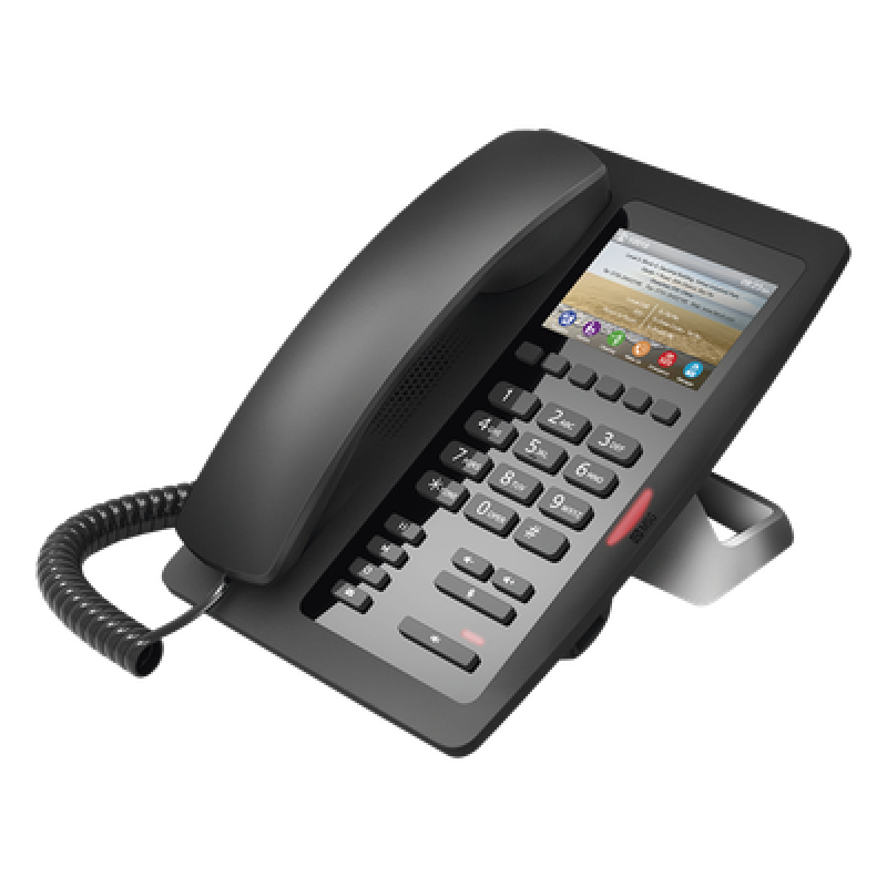 Teléfono IP Hotelero / Pantalla LCD Color 3.5" / 2 Líneas SIP / 6 Teclas Hotline / Puerto USB Carga / PoE 802.3af / Personalización Logo Hotel