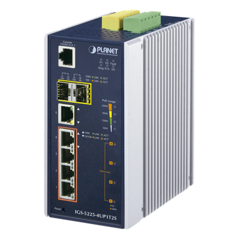 Switch Industrial Administrable 4 Puertos Gigabit c/Ultra PoE 802.3af/at, 2 Puertos SFP