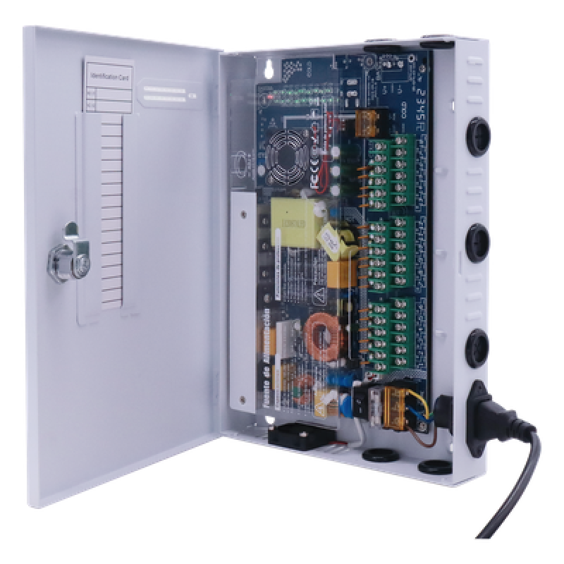 Fuente de Poder CCTV / 18 Canales / 20 A / 200 W / Voltaje Ajustable 11-15 VCC / Filtro de Ruido por Canal / Operación -20°C a 70°C