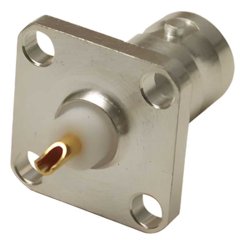 Conector BNC Hembra para Chasis, 4 Perforaciones con 12.7 mm, Plata/ Oro/ Teflón.