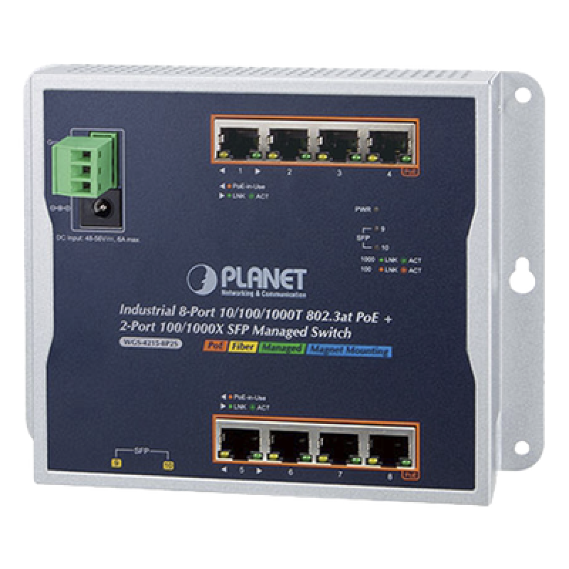 Switch Industrial PoE Administrable de Pared Capa 2, 8 Puertos Gigabit PoE 802.3at y 2 Puertos 100/1000X SFP