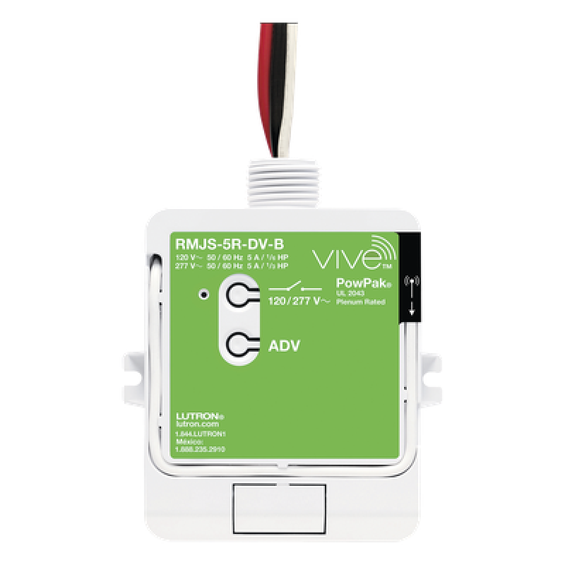 Módulo de relevador inalámbrico PowPak de 5 A con Softswitch, 120/277 V, para cargas generales de iluminación, con controles Pico y sensores Radio Powr Savr del sistema Vive