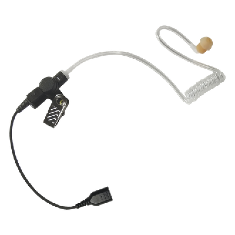 Auricular de tubo acústico transparente con cable de fibra tranzada con conector SNAP tipo MIRAGE. Requiere micrófono de solapa de 1 o 2 hilos de la Serie SNAP.