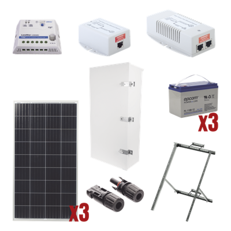 Kit Solar de 35 W con PoE 802.3af y PoE Pasivo 24 Vcc para una Cámara IP y un Radio Ubiquiti airMAX o Cambium ePMP.