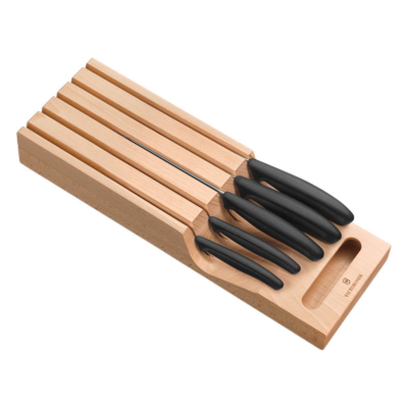 Portacuchillos de Cajón / Madera de Haya Suiza / 5 Cuchillos / Polipropileno Negro / 435 x 148 x 65 mm