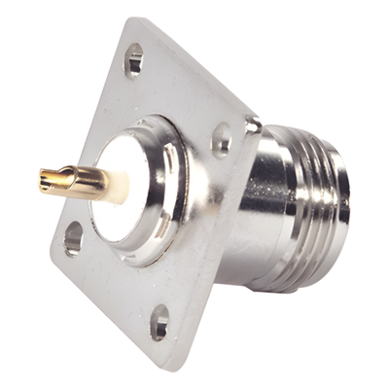 Conector N Hembra para Montaje en Panel, 4 perforaciones a 18 mm, PIN Largo, Plata/ Oro/ Teflón.