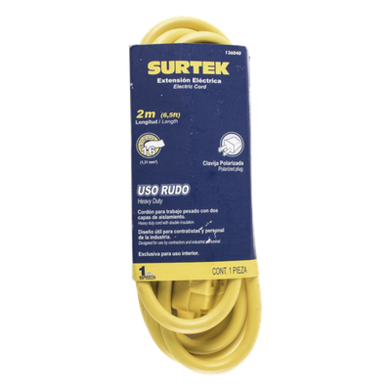Extensión Eléctrica de Uso Rudo 2 metros / 127 V CA 10 A Máximo / Color Amarillo.