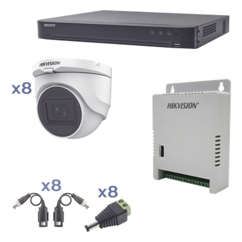 Kit TURBOHD 1080p / DVR 8 Canales / 8 Cámaras Turret (exterior 2.8 mm) / Conectores / Transceptores / Fuente de Poder Profesional hasta 15 Vcc para Larga Distancia