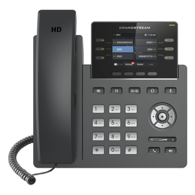 Teléfono IP Grado Operador, 3 líneas SIP con 6 cuentas, puertos Gigabit,PoE, pantalla a color 2.4", codec Opus, IPV4/IPV6 con gestión en la nube GDMS