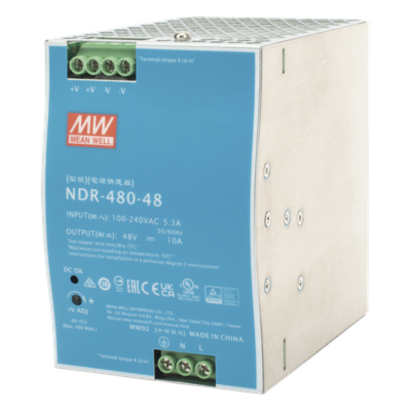 Fuente de Poder Industrial de 480W, salida 48 Vcc, para montaje en riel Din