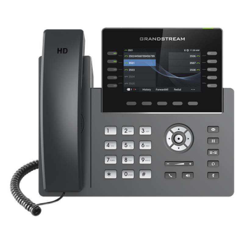 Teléfono IP Wi-Fi, Grado Operador, 10 líneas SIP con 5 cuentas, pantalla a color 4.3", puertos Gigabit, Bluetooth, PoE, codec Opus, IPV4/IPV6 con gestión en la nube GDMS