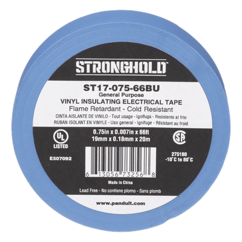 Cinta Eléctrica STRONGHOLD para Aislar, de PVC, Uso General Reparación y Mantenimiento, Grosor de 0.18mm (7 mil), Ancho de 19mm, y 20.12m de Largo, Color Azul