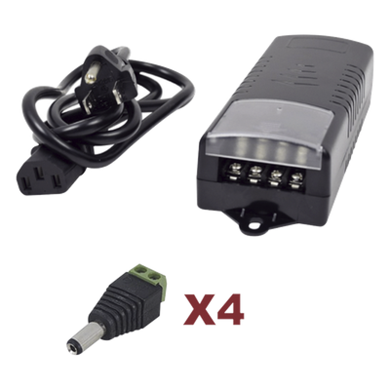 Kit de fuente de poder / Entrada 110-220 VCA / Salida 12 VCC 5A / 4 salidas / Conectores JR52 / 6A PTC / 117x62x34.2 mm / 0.38x0.20x0.11 ft