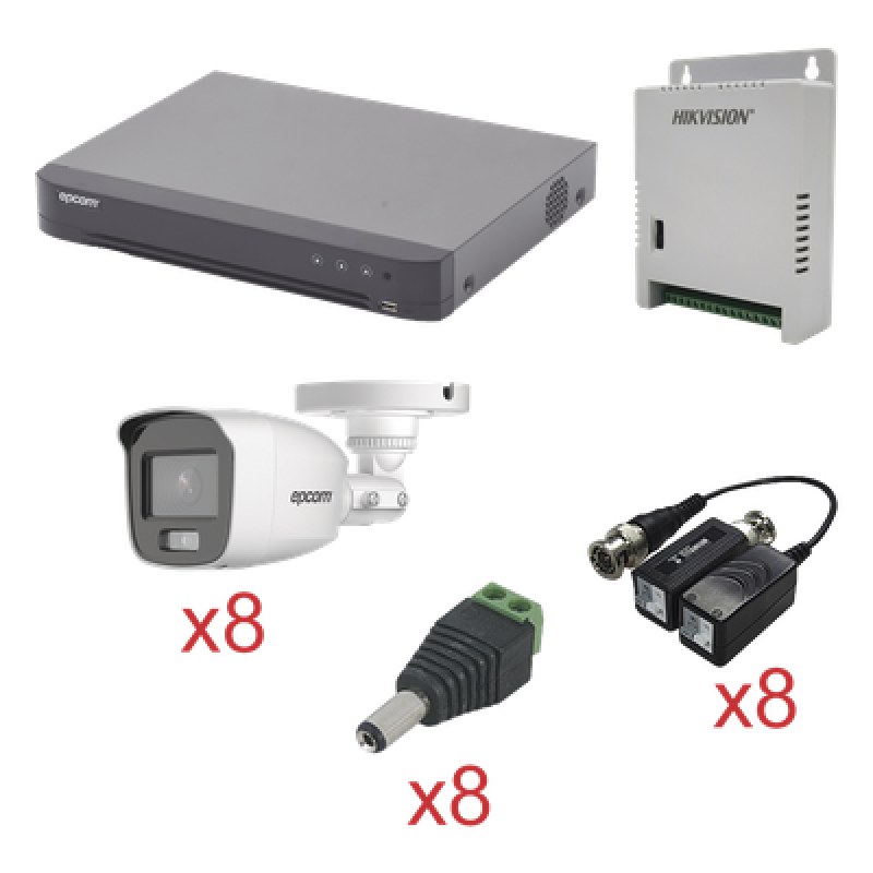 KIT TurboHD con Audio 1080p / DVR 8 Canales / 8 Cámaras Bala (exterior 2.8 mm) / Transceptores / Conectores / Fuente de Poder / AUDIO POR COAXITRON