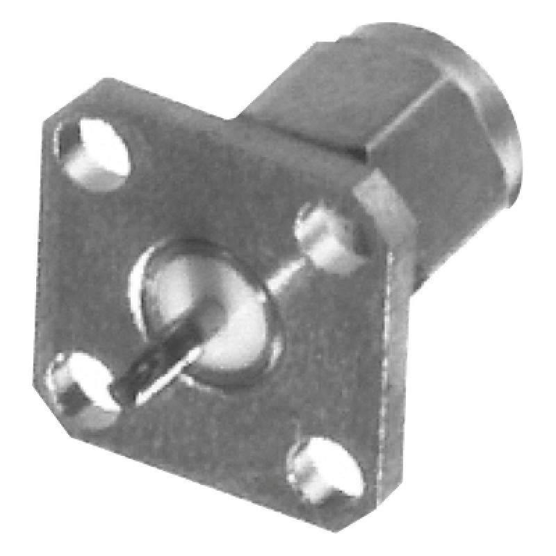 Conector SMA Macho de Montaje en Panel de 4 Perforaciones y Terminal Soldable, Níquel/ Oro/ Teflón.​