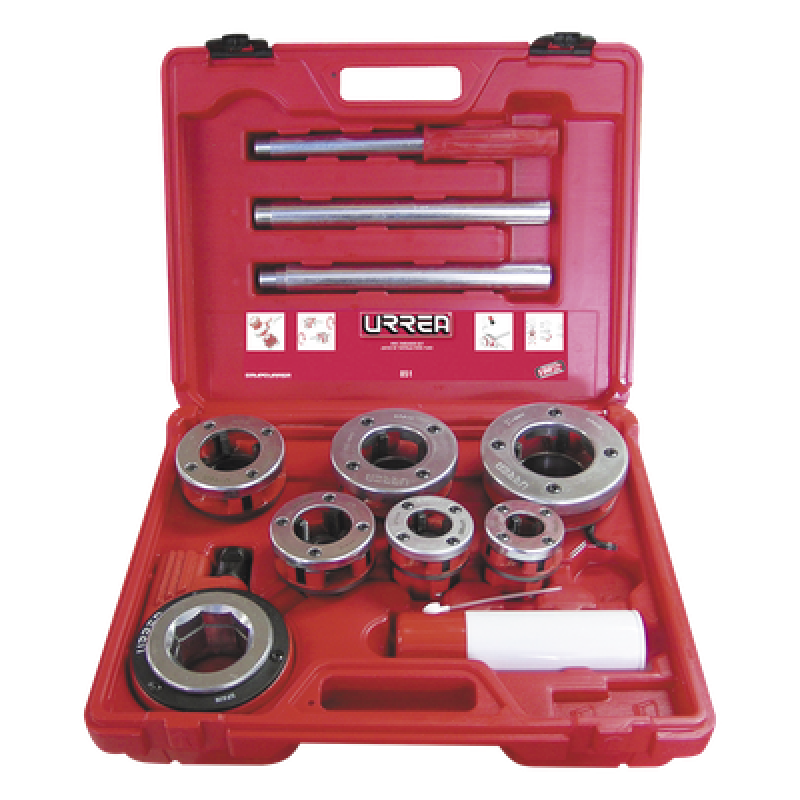 Juego de Tarraja para Tubo / 9 Piezas / Rosca Derecha NPT 1/2" a 2" / Portafolio Plástico Rígido / Incluye Aceite Lubricante