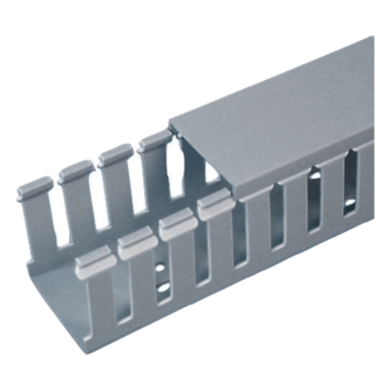 Canaleta Ranurada de PVC con Tapa, Tipo F, 57.2 mm de Ancho, 104.1 mm de Alto y 2 m de Largo, Color Gris