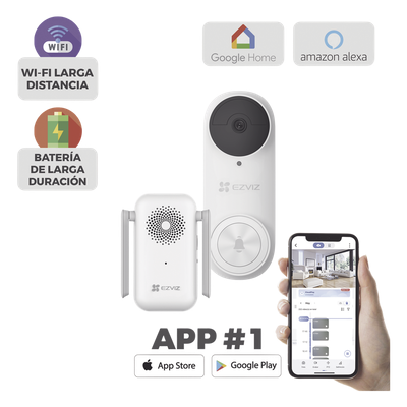 Videoportero Wi-Fi / 3 Megapixel / Ángulo 176° / Batería 5200 mAh / IP65 / Detección PIR 5 m (16.4 ft) / Audio Bidireccional