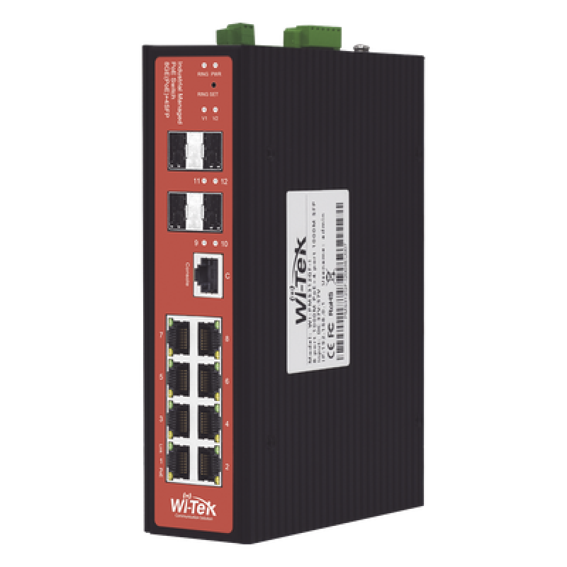 Switch Industrial Administrable / PoE Mixto 24/48V / 8 Puertos Gigabit + 4 SFP / Puertos 3-4 802.3 af/at/bt 60W / Protección 8kV / Riel DIN
