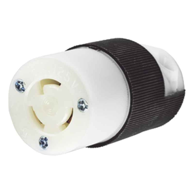 Conector Industrial con Bloqueo de Media Vuelta / 15 A 125 V CA / 2 Polos 3 Hilos / Color Blanco y Negro / Nema L5-15R.