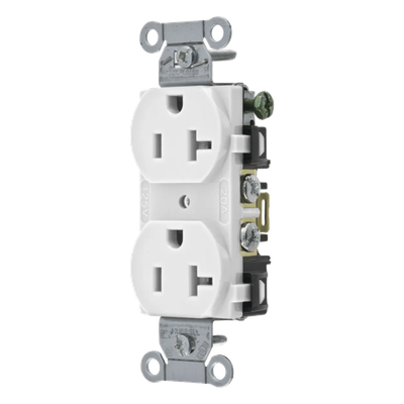 Contacto Dúplex 20 A, 125 V, 2 Polos, 3 Hilos, Cableado Posterior y Lateral, Color Blanco (Nema 5-20R).