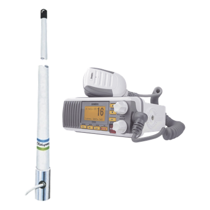 Kit de radio móvil VHF marino modelo UM-385 color blanco y antena marina Shakespeare de fibra de vidrio 5101