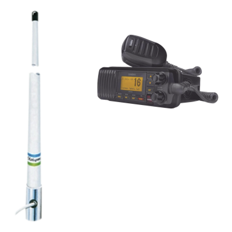 Radio Móvil VHF Marino / 25 Watts / GPS Integrado / DSC Clase D / IPX4 / Pantalla LCD Grande / Antena Shakespeare 5101 Fibra de Vidrio