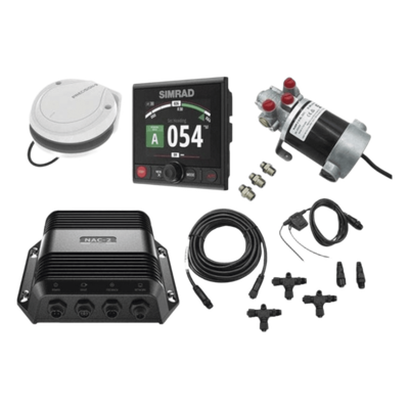 Piloto Automático Simrad para Embarcaciones Fueraborda y Dentrofueraborda / Paquete Completo / Controlador AP44 con Pantalla a Color 4.1 Pulgadas / Bomba Hidráulica RPU-80 / Brújula Precision-9 / Compatible con NMEA 2000® / Virtua