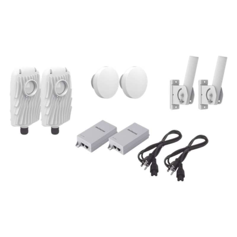 Kit de 2 radios B5X con 2 antenas de (12 dBi), rango de frecuencia extendida (4.9 a 6.4 GHz), incluye inyector POE, cable de alimentación y 2 FLEXIMOUNT-XL para alineación, distancia de hasta 2 km