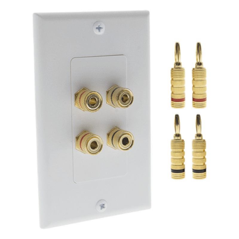 KIT 1 Placa de Pared + 2 Pares Conectores Banana (Rojo+Negro) | Postes de Unión Tipo Banana | Conexión para 2 Altavoces | Fácil Instalación | Conectores Chapados en Oro