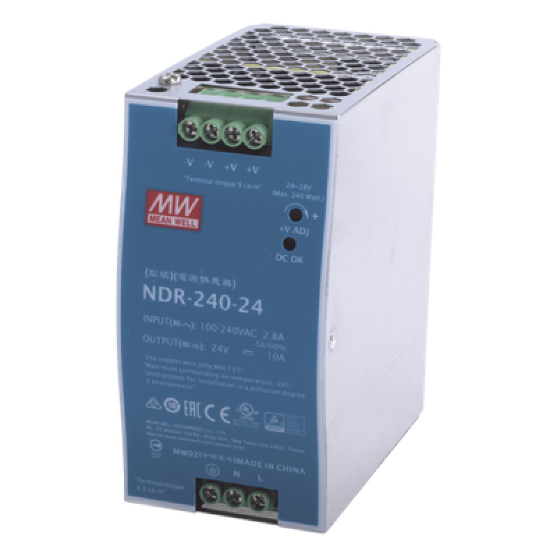 Fuente de Poder Industrial / Riel DIN / 240W / 24Vcc / 10A / Entrada 90-264Vca / Eficiencia 88.5% / Sin Ventilador