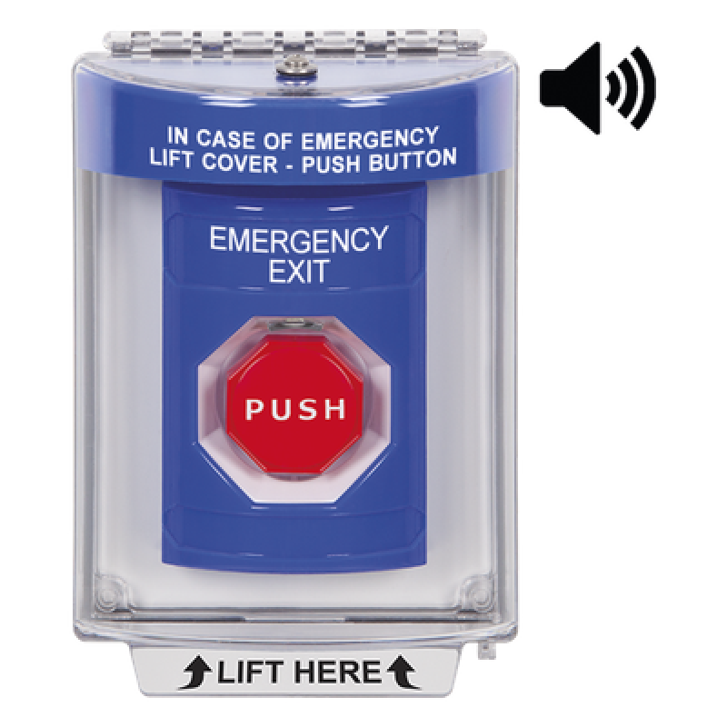 Botón De Salida De Emergencia Con Bocina De Advertencia Integrada, Interior/Exterior, Texto En Ingles, Tapa Protectora De Policarbonato Súper Resistente, Neumático