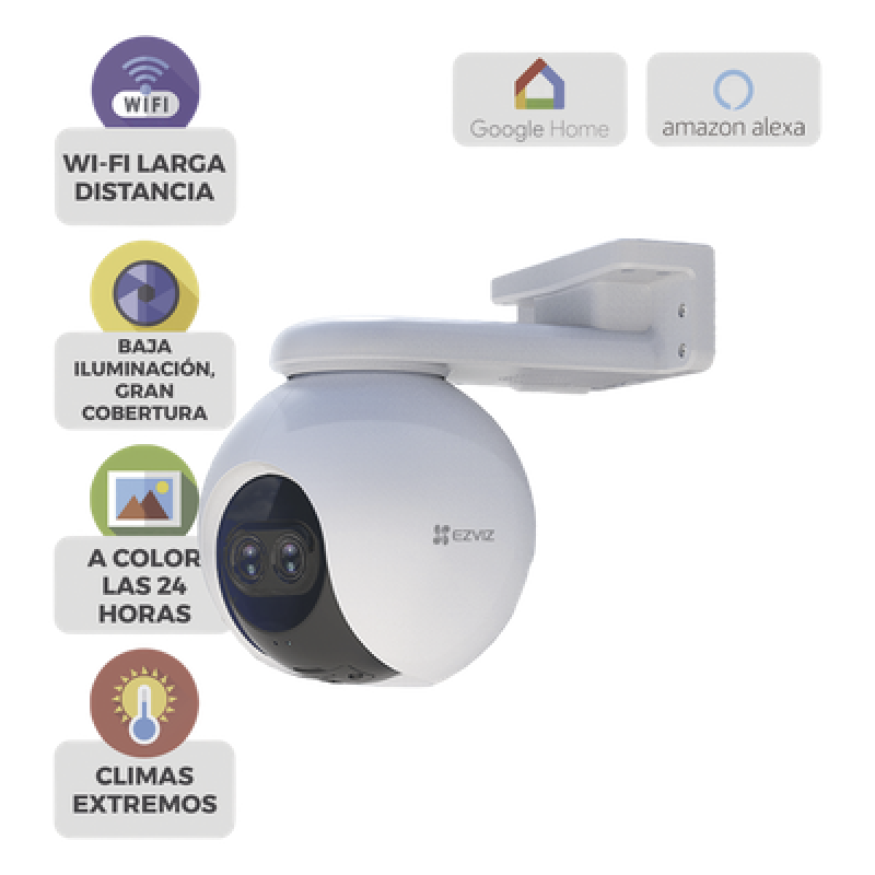 Cámara PT IP / 2 Megapixel / Lente Dual 2.8 mm y 12 mm / Visión Nocturna Color 30 m (98.4 ft) / Wi-Fi 2.4 GHz / IP65 / Cobertura 360°