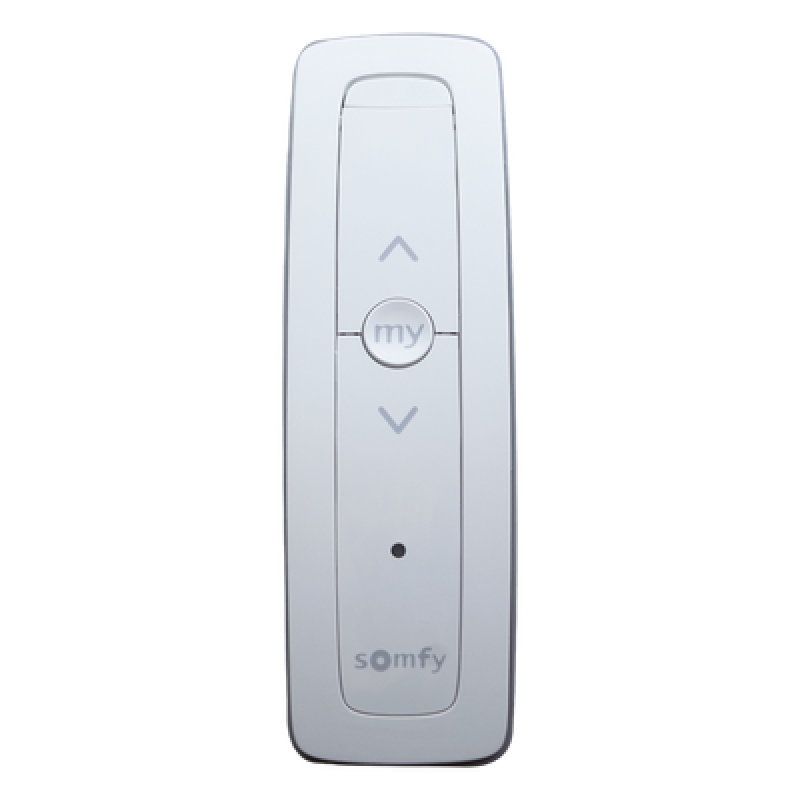 Control remoto 1 canal para motores de persiana Somfy con señal inalámbrica, instrucciones: sube, baja y detener, con posición favorita programada.