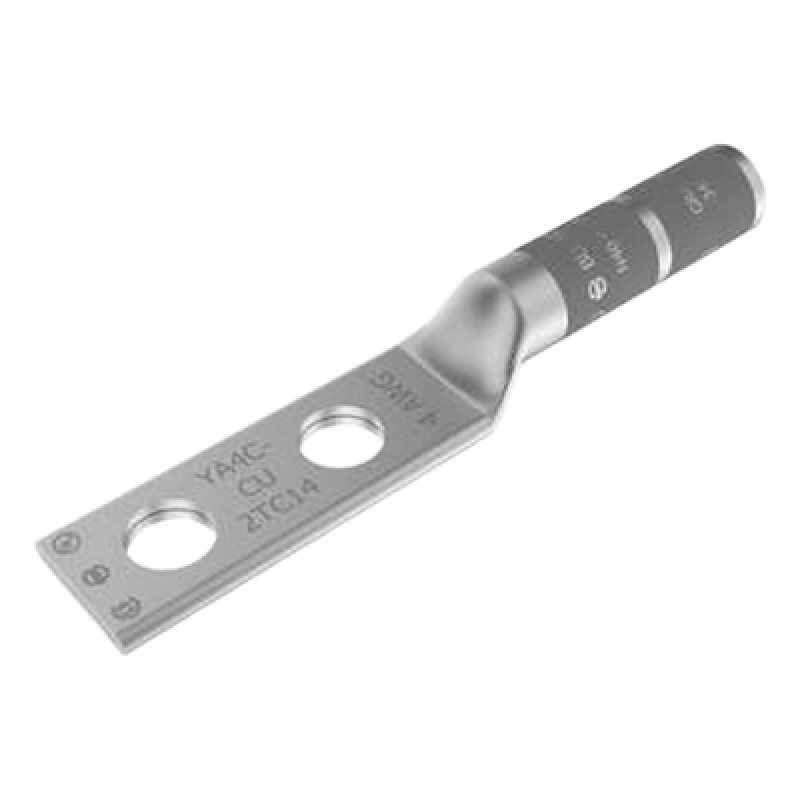 Zapata Terminal de Compresión de Barril Largo con Doble Ojillo para Tornillo 1/4" y Cable 4 AWG / Espaciado de 5/8".