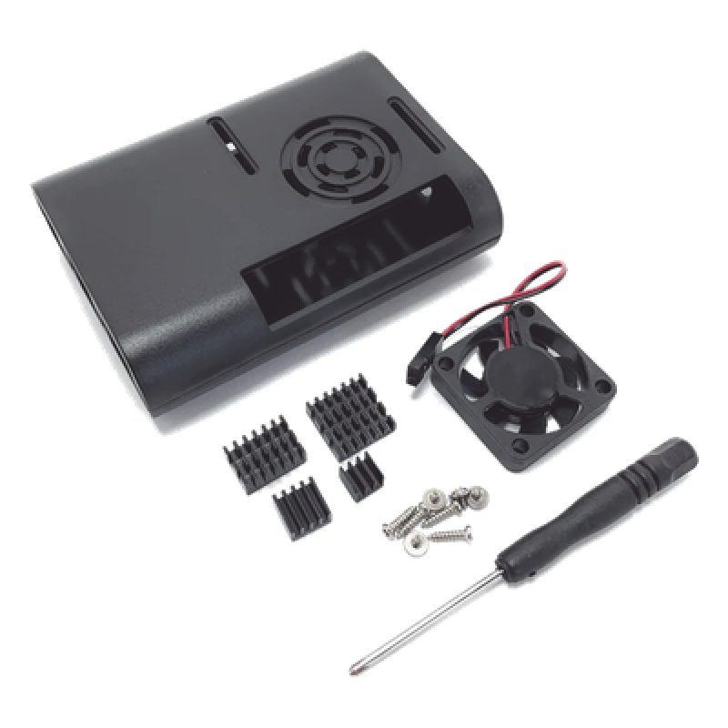 Kit Gabinete para Raspberry Pi 4 Model B / Plástico ABS / Color Negro / Ventilador / Disipadores / Incluye Desarmador
